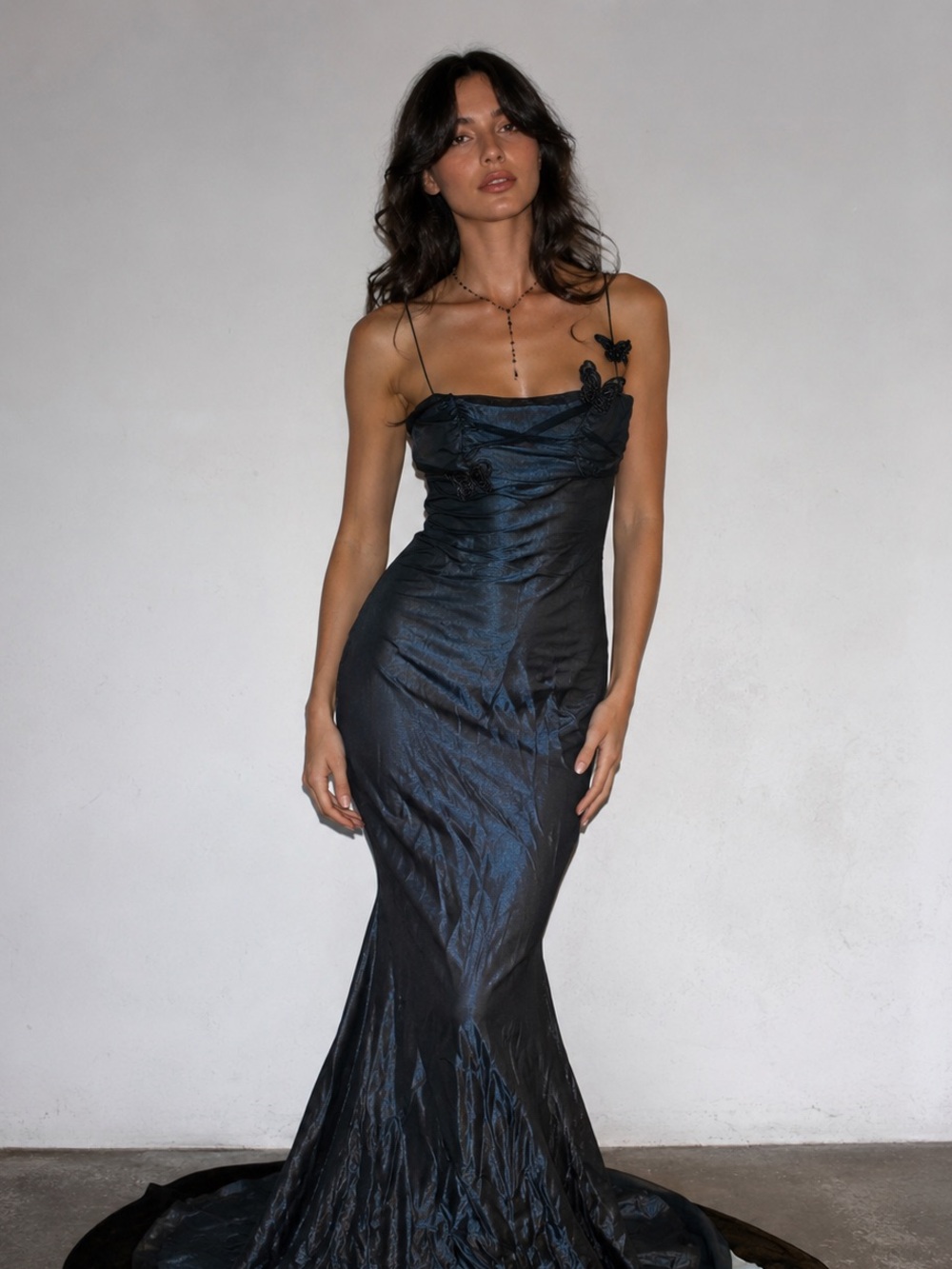 Vintage Zum Zum Blue Black Mesh Overlay Maxi Dress Prom Formal Gown 90s Y2K